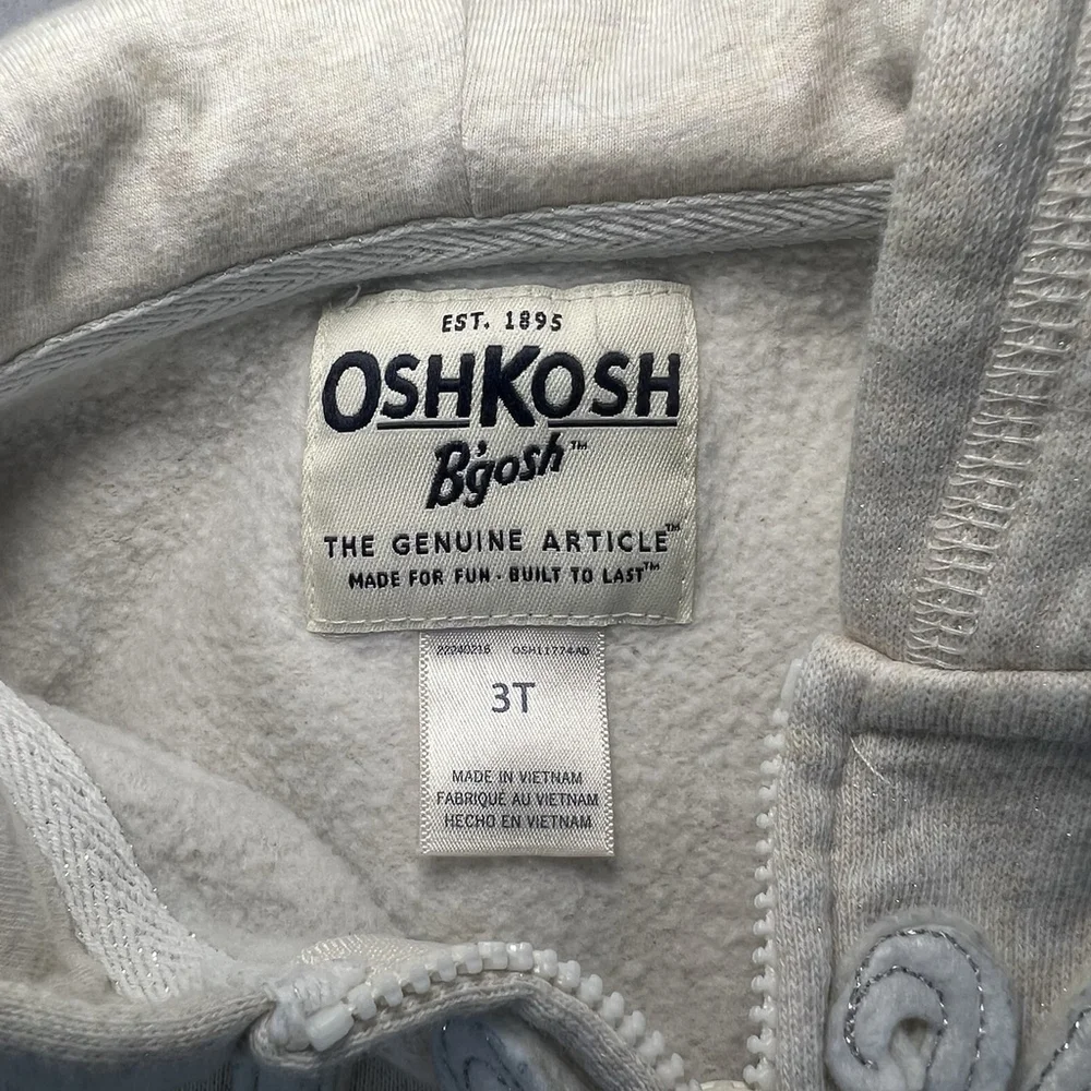 OshKosh B'gosh Girls Full Zip Hoodie Cream Glitter Toddler Size 3T Sweatshirt